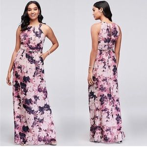 Purple and Pink High Neck Floral Formal Dress